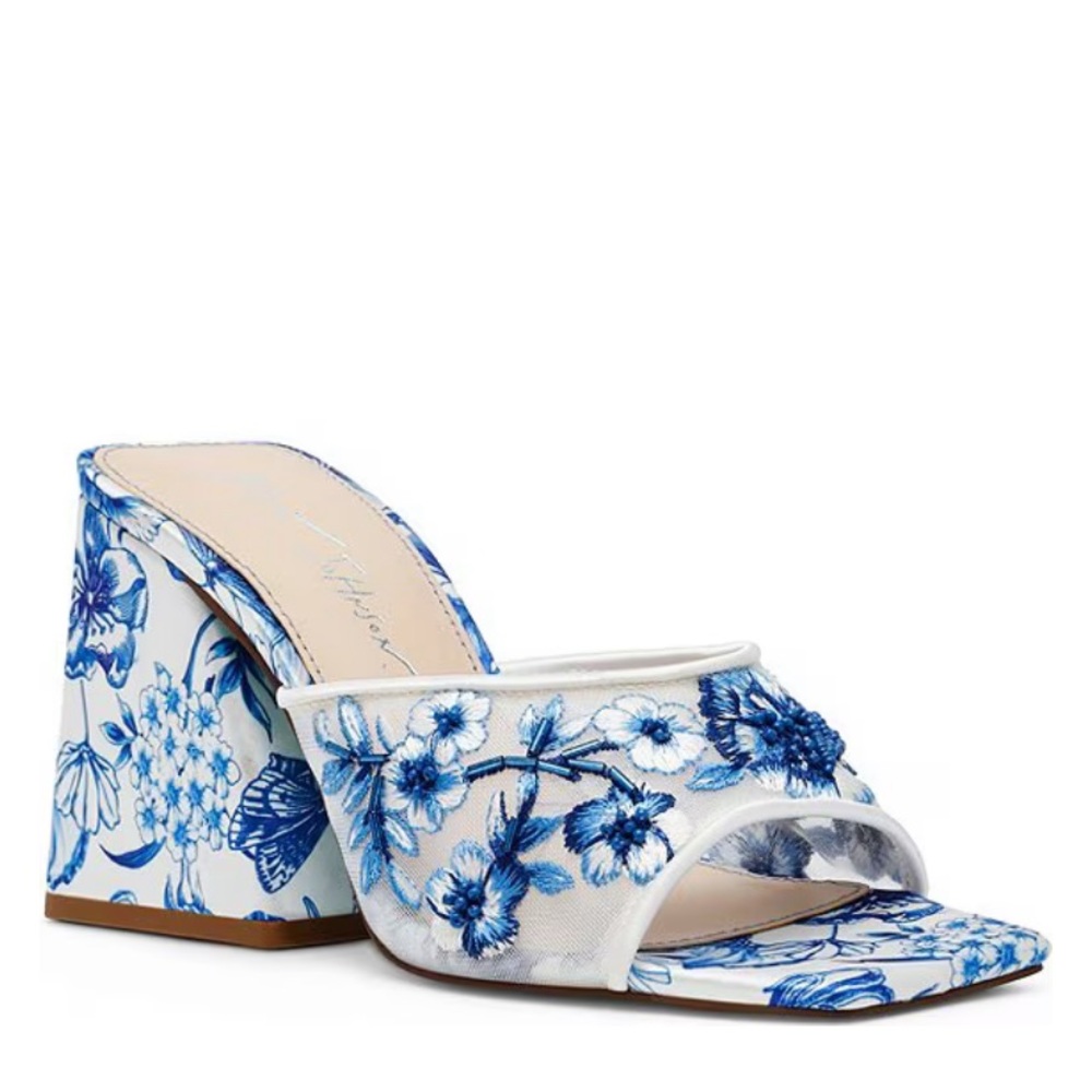 Betsey Johnson White and Blue Floral Embroidered Block Heel Mules